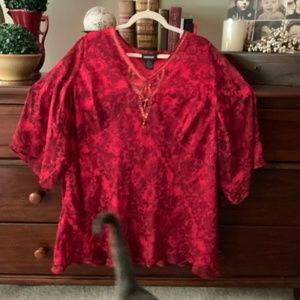 RED FLORAL HAND BEADED SILK SHEER BLOUSE WITH ATTACHED LINER